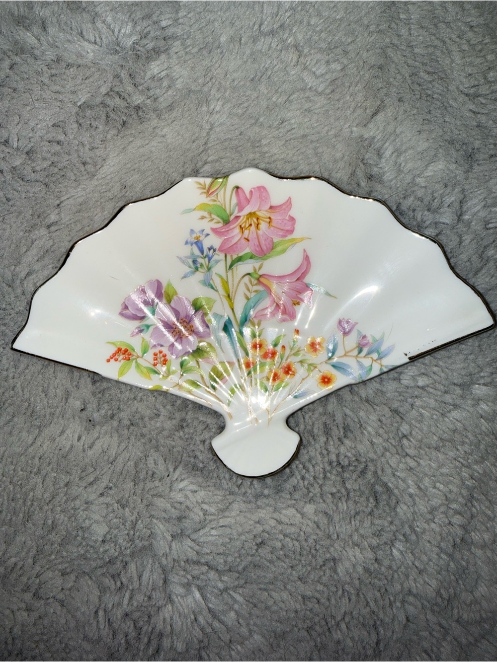 Vintage Spring Misty Japan Fan Porcelain Floral Trinket Dish